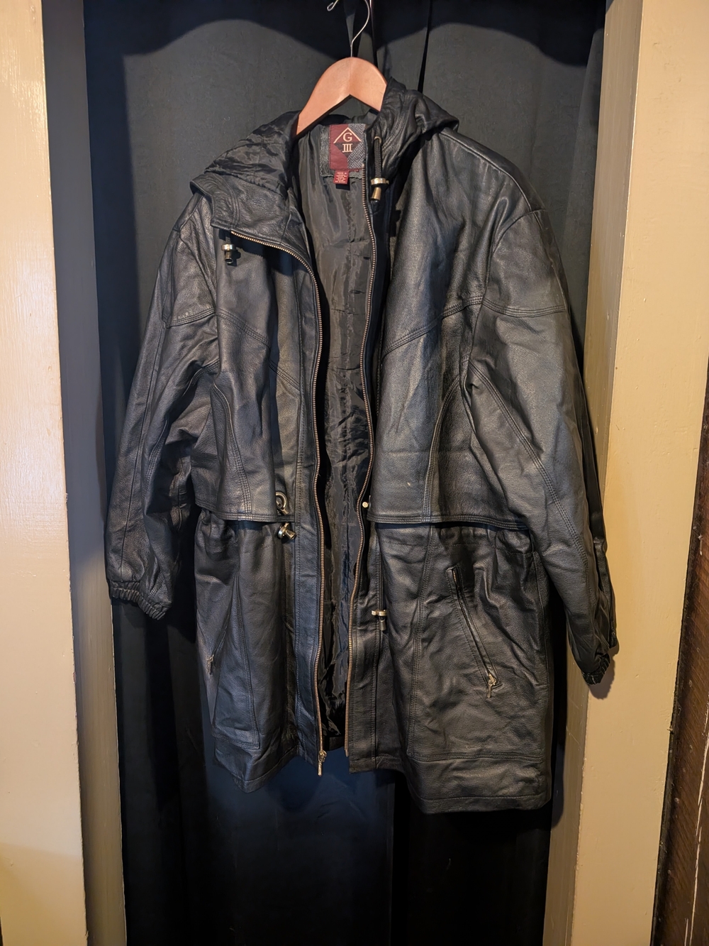 Vintage Men's Black Hooded Leather Coat -